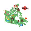 Vector flat style illustration of Canadian map with Canadian national cultural symbols.