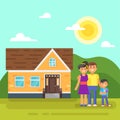 Vector flat style illustration of house with happy family. Royalty Free Stock Photo