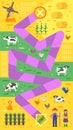 Vector flat style illustration of kids farm board game template.
