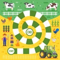 Vector flat style illustration of kids farm board game template.