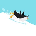 Vector flat style illustration of penguin sliding on the glacier. Royalty Free Stock Photo