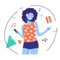 Vector flat style illustration of a pretty smiling, dancing, listening to the music young woman with headphones Royalty Free Stock Photo