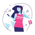 Vector flat style illustration of a pretty smiling, dancing, listening to the music young woman with headphones