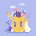 Llustration on the theme of spring, flowers, harmony, fairy tales. a large watering can with windows and flowers