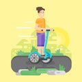 Vector flat style illustration of young man riding an two-wheeled vehicle. Royalty Free Stock Photo