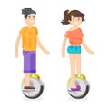 Vector flat style illustration of young man and woman riding an battery-powered electric unicycle scooter.