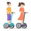 Vector flat style illustration of young man and woman riding an two-wheeled vehicle. Royalty Free Stock Photo