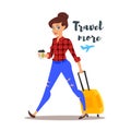 Vector flat style illustration of young pretty woman with a travel case.