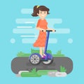 Vector flat style illustration of young woman riding an two-wheeled vehicle.