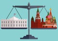 Vector flat style scales. The White House Washington on one side and the Moscow Kremlin the other.