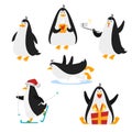 Vector Flat Style Set Of Christmas Penguin. Isolated On White Background.