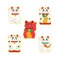 Vector flat style set of Japanese Lucky Cat Maneki Neko. Icon for web. Isolated on white background.