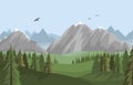 Vector flat summer landscape with beautiful mountains and forest