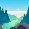 Vector flat summer landscape illustration with mountains, sun, fir trees, road, bush, meadows and blue clouded sky.