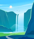 Vector flat summer landscape illustration with waterfall, river, mountains, sun, forest on blue clouded sky. Royalty Free Stock Photo