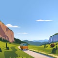 Vector flat summer landscape illustration, wild nature view: sky, mountains, meadow, minivan rides on the road.