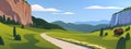 Vector flat summer landscape illustration, wild nature view: sky, mountains, meadow, road, village. Royalty Free Stock Photo