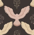 Vector flat texture owls with spread wings and boho totem on dark background. Decorative seamless pattern with flying birds