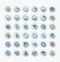 Vector flat color thin line icons set with weather and meteo outline symbols. Royalty Free Stock Photo