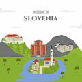 Vector flat travel icon in Slovenia. Welcome to Slovenia. World famous building landmark travel, tourism destination infographic, Royalty Free Stock Photo