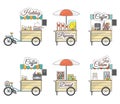Vector flat tricycle bike and sales stand icons set
