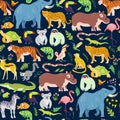 Vector flat tropical seamless pattern with hand drawn jungle floral elements, animals, birds isolated.