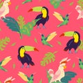 Vector flat tropical seamless pattern with hand drawn jungle monstera leaves, toucan, hummingbird, parrot birds isolated.