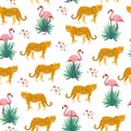 Vector flat tropical seamless pattern with hand drawn jungle plants, leopard animals, flamingo birds isolated.