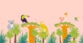 Vector flat tropical seamless pattern with hand drawn jungle trees and elements, koala, monkey animals, parrot, toucan birds isola