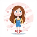 Vector flat ute smile girl. Cartoon pretty little woman in denim suit with background. A cheerful beautiful child