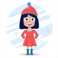 Vector flat ute smile girl. Cartoon pretty little woman in dress with background. A cheerful beautiful child. Dresses