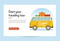 Vector flat web banner with a retro travel van with bag on roof. Road trip, adventure, trailering, camping, adventures, vacation. Royalty Free Stock Photo