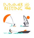 Vector flat wind surfing, water skiing logo illustration. Royalty Free Stock Photo