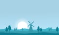 Vector flat of windmill on farm silhouettes Royalty Free Stock Photo