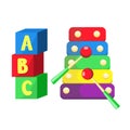 Vector flat xylophone and cubics toys isolated