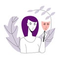 Vector flat young angry woman holding mask with image her happy face Royalty Free Stock Photo