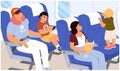 Vector flight passengers with children in plane illustration