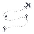 Vector flight path of an airplane from one point to another with transfers. Dotted line with aircraft silhouette. Stock