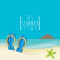 Vector of flip flops slipper and starfish on sandy beach against blue sea and sky background. summer vacation concept Royalty Free Stock Photo