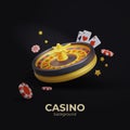 Vector floating roulette, playing cards, poker chips, golden stars