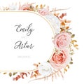 Vector floral autumn winter wedding invite card design. Lush fall leaves, blush peach, pink and ivory rose garden flowers bouquet Royalty Free Stock Photo