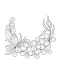 Vector floral background. Contour flowers, leaves and branches. Black and white design element, abstract curved border Royalty Free Stock Photo