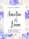 Vector floral wedding invitation with blue hydrangeas, peonies in watercolor style Royalty Free Stock Photo