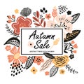 Vector floral banner sale autumn illustration in trend colors. Flat flowers, petals, leaves with and doodle elements