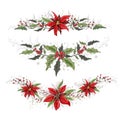 Vector floral banner, winter decoration element. poinsettia and Holly decor isolated on white background. realistic doodling drawn