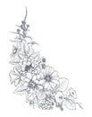 Vector floral bouquet, composition with black and white hand drawn herbs and wildflowers Royalty Free Stock Photo