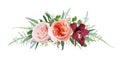 Vector floral bouquet design: blush peach, coral Juliette rose, dusty pink flower, white astrantia & burgundy red orchid,