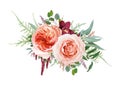 Vector floral bouquet design: blush peach Juliette rose flower, pale rose flowers, burgundy red orchid, coral heather, amaranth,