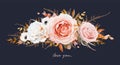 Vector floral bouquet design. Blush peach pink Roses, ivory white anemone flower, taupe, brown beige orange autumn Eucalyptus, Royalty Free Stock Photo