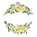 Vector floral bouquet design set, green forest leaf, fern, branches, buxus, eucalyptus. Flowers of yellow, white lily, gerbera, d Royalty Free Stock Photo